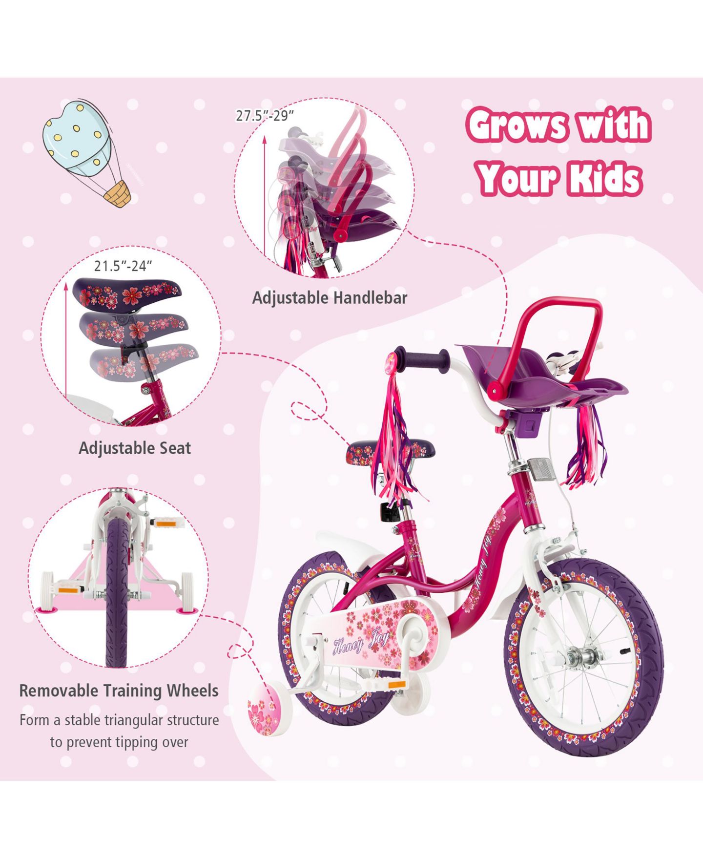 Детская игрушка Costway 14" Kids Girls Bicycle with Training Wheels, Detachable Doll Seat & Adjustable Handlebar, 3–5 лет, цвет: Розовый — фото 7