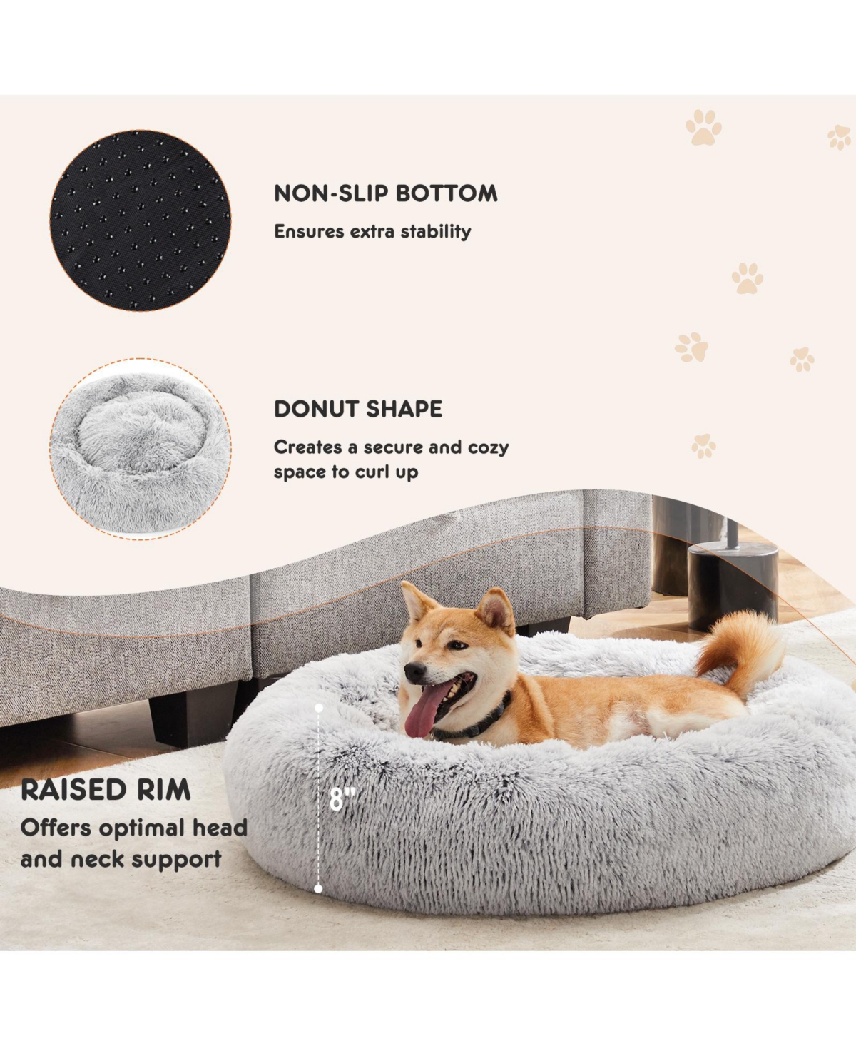 Streamdale Furniture Anti-Slip Round Fluffy Plush Faux Fur Cat Bed, Small- Gray
