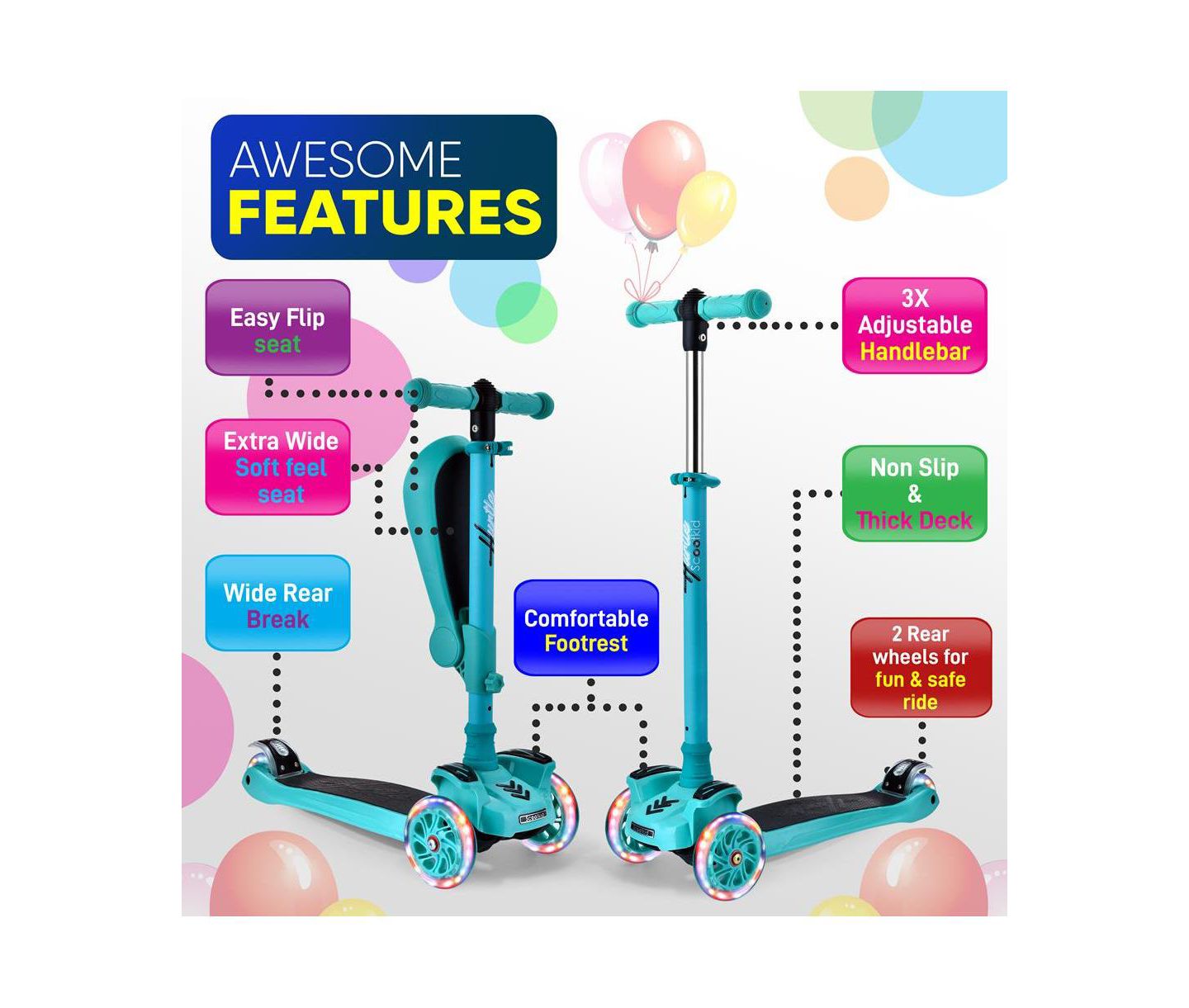 Детская игрушка Hurtle ScootKid 3-Wheel Scooter with Foldable Seat and Flashing Wheel Lights, Ages 1-12, цвет: Бирюзовый синий — фото 2