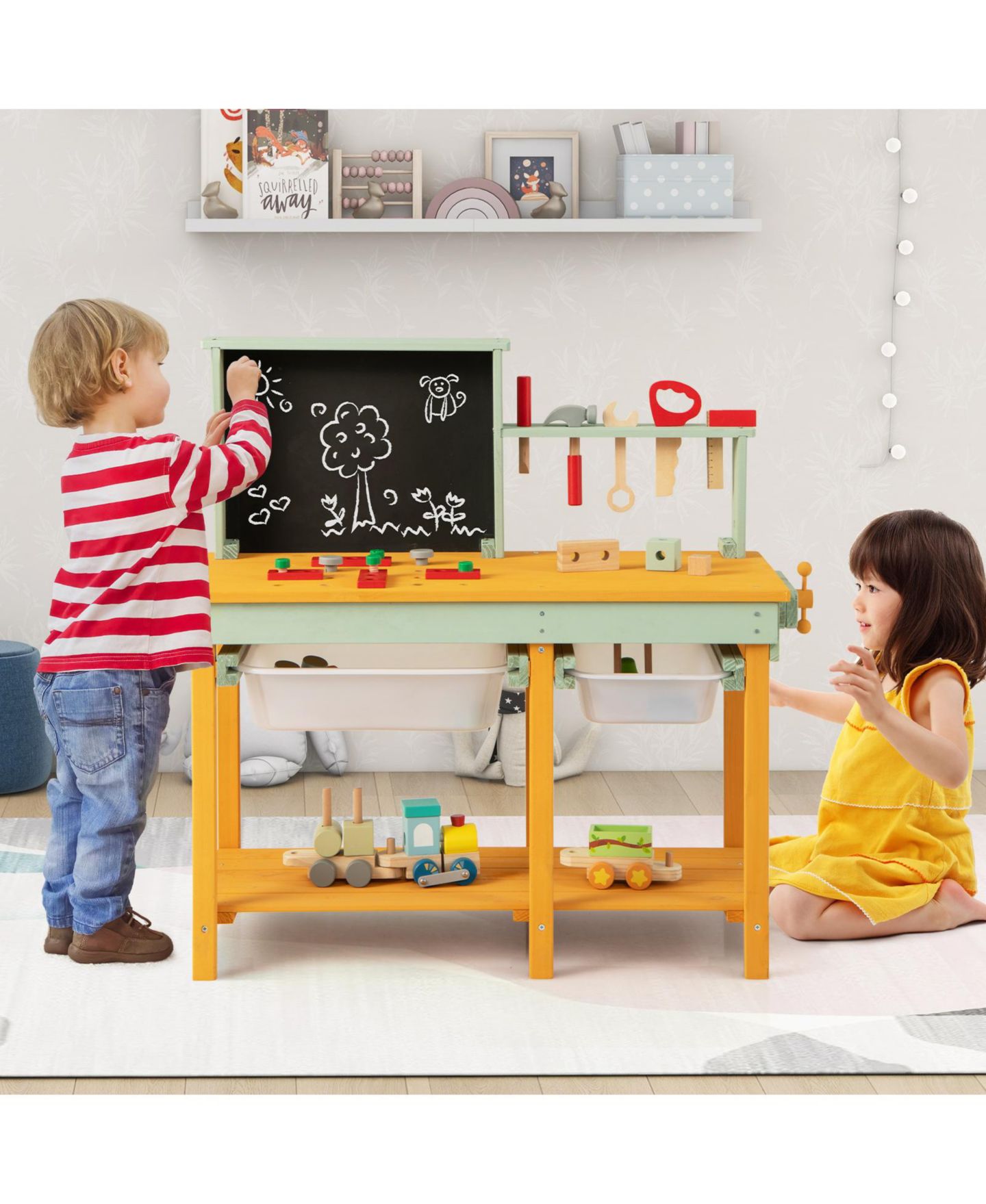 Детская игрушка VEBREDA Kids Wooden Toy Workbench with Storage Space and Blackboard, цвет: Натуральный — фото 6