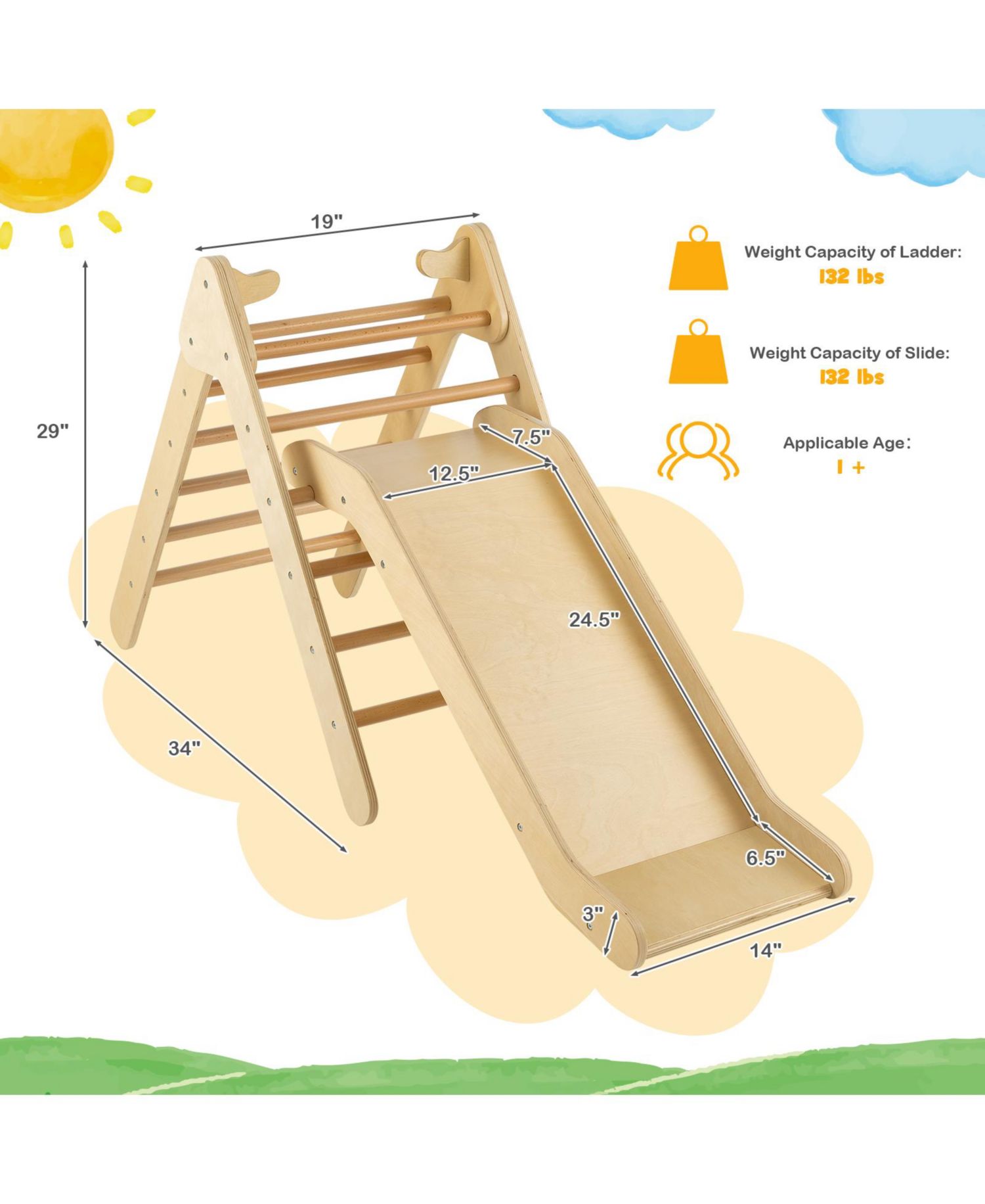 Ages 1+ 2-in-1 Wooden Triangle Climber with Adjustable Slide, 2-Piece Set