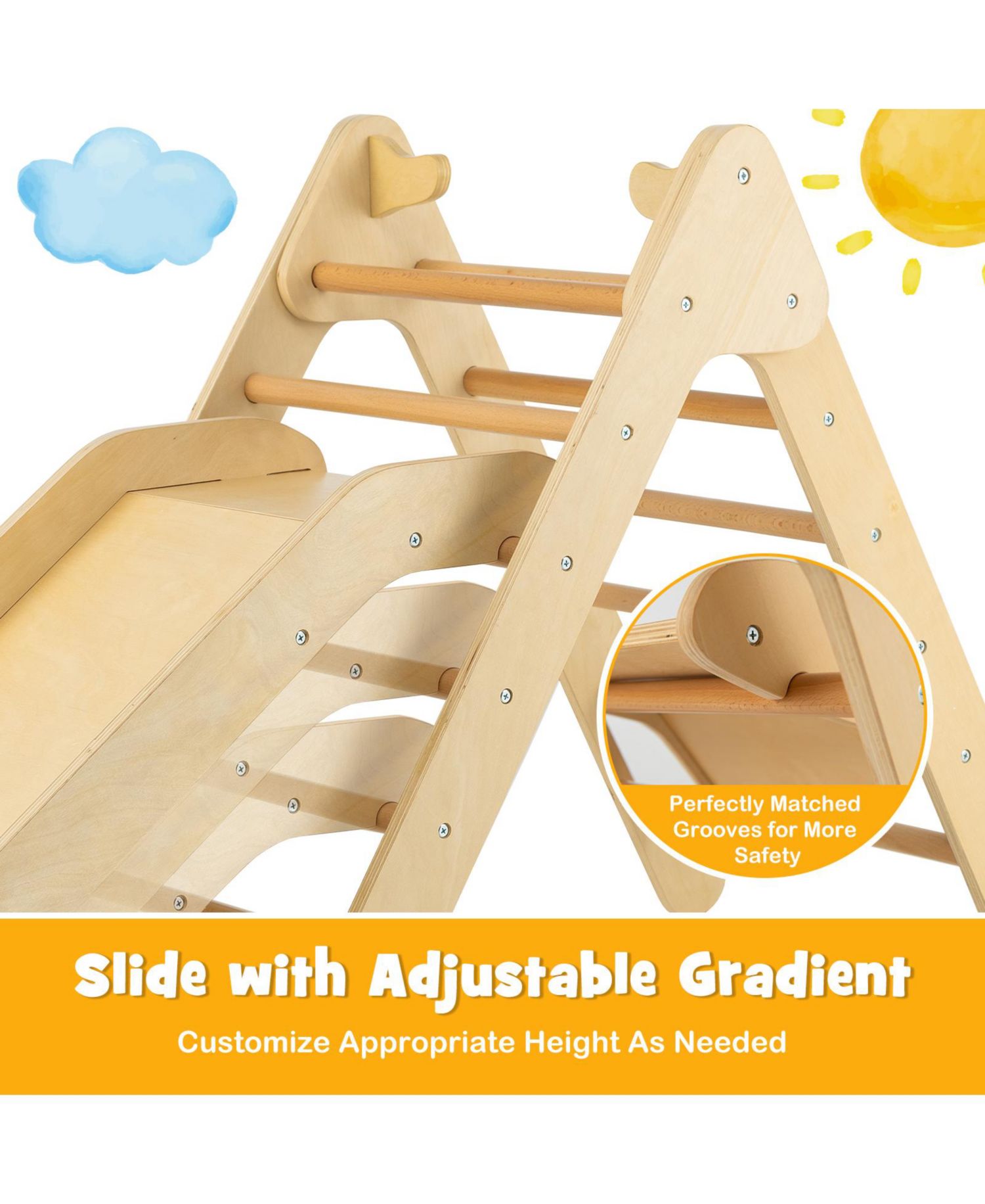 Ages 1+ 2-in-1 Wooden Triangle Climber with Adjustable Slide, 2-Piece Set
