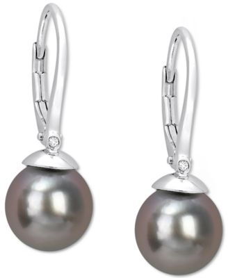 Cultured Tahitian Pearl (8mm) Leverback Drop Earrings in Sterling Silver