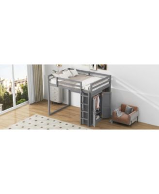 Gray Wooden Full Loft Bed with Wardrobe and LED Light