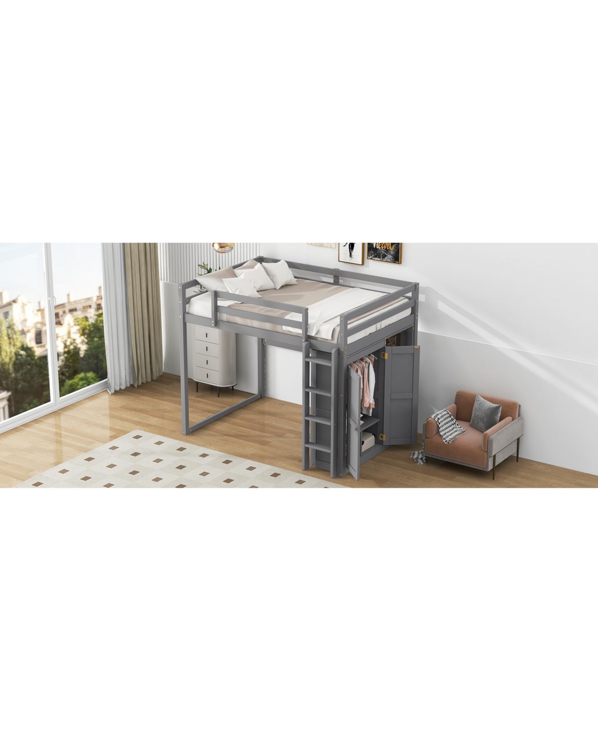 Streamdale Gray Wooden Full Loft Bed with Wardrobe and Led Light