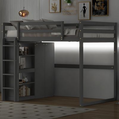 Gray Wooden Full Loft Bed with Wardrobe and LED Light