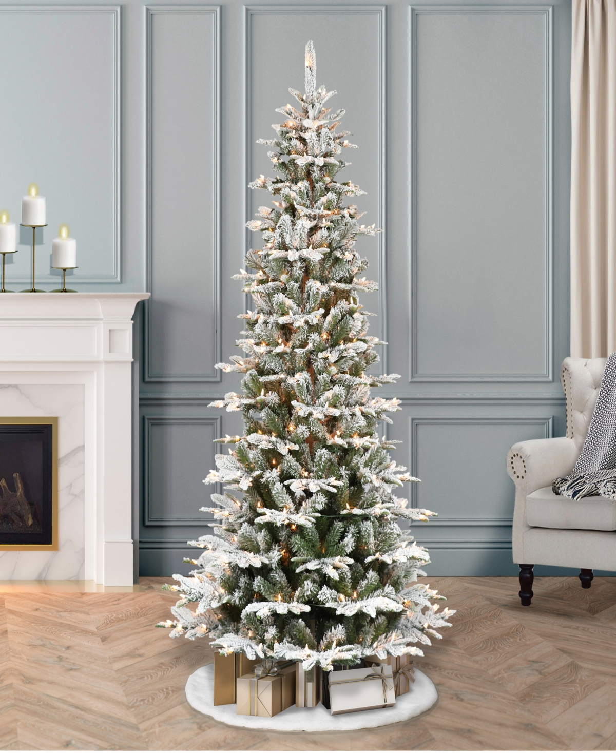 Puleo International 7.5 ft. Pre-Lit Slim Flocked Aspen Fir Artificial Christmas Tree with 450 Ul Clear Lights