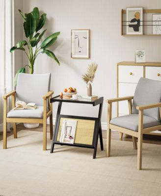 Rattan Side Table Bamboo Accent Bedside Table with Tempered Glass Top Black