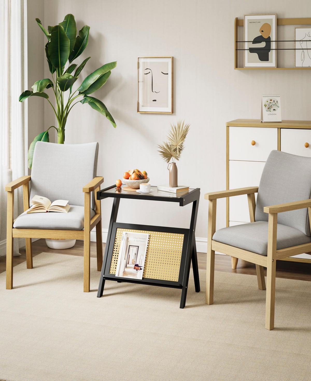 Sugift Rattan Side Table Bamboo Accent Bedside Table with Tempered Glass Top Black