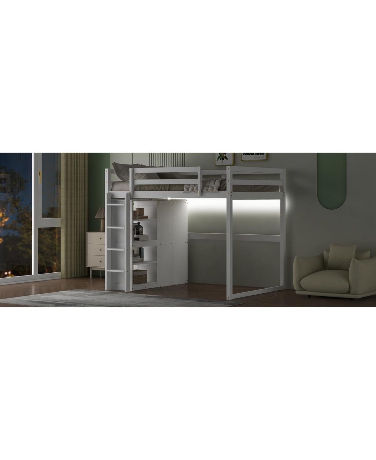 Streamdale Gray Wooden Full Loft Bed with Wardrobe and Led Light