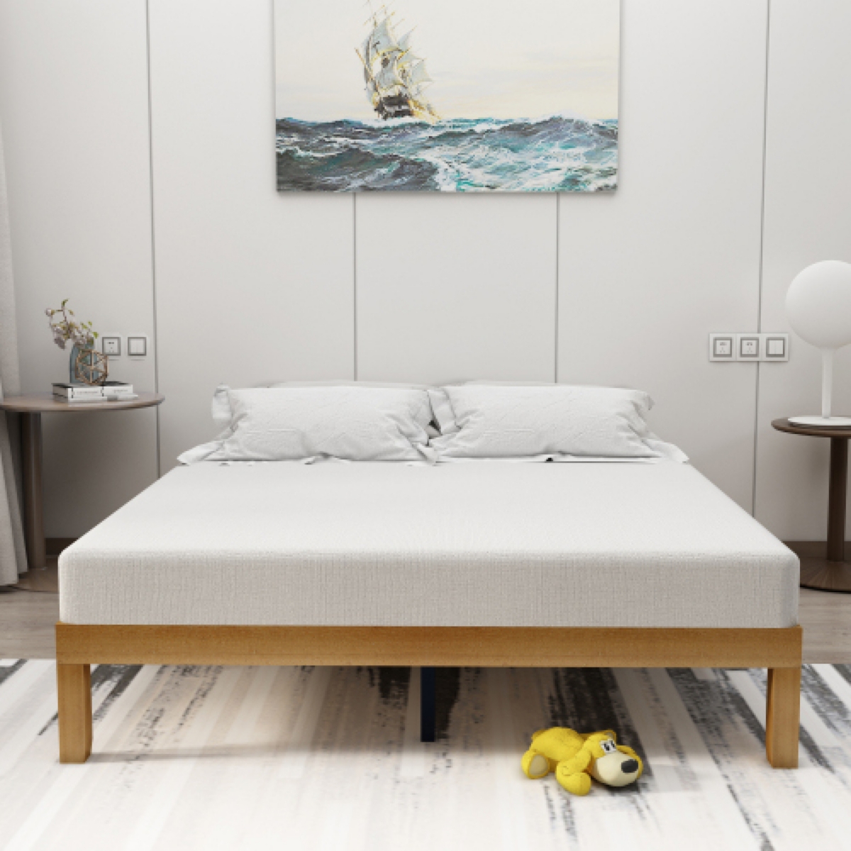 Streamdale Furniture Queen Platform Bed Frame with Strong Slat Support - Brown+white