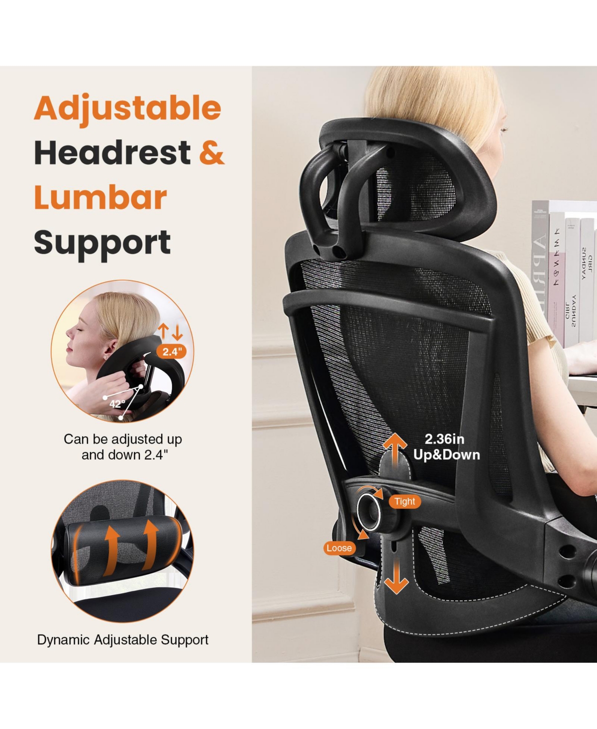 Streamdale Furniture Adjustable Mesh Office Chair with Lumbar Support & Headrest