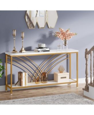 70.9 inch Extra Long Console Table, Faux Marble Entryway Table with 2 Tier Storage Shelf, Narrow Sofa Table Behind Couch, Modern Hallway Accent Table for Living Room