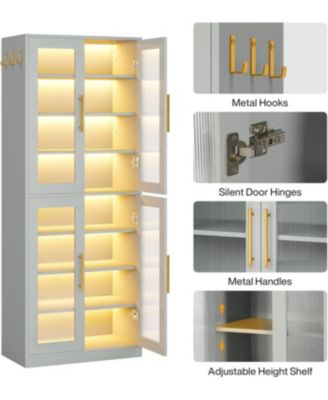 Tall Shoe Cabinet with Acrylic Doors and LED Lights, 8-Tier Entryway Shoe Storage Rack with Adjustable Shelves and Hanging Hooks