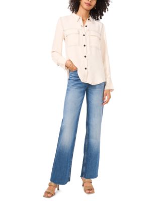Women's Contrast Stitch Button Front Collared Top