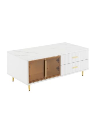 White Coffee Table with Storage, Gold Legs, LED Lighting (47.2")