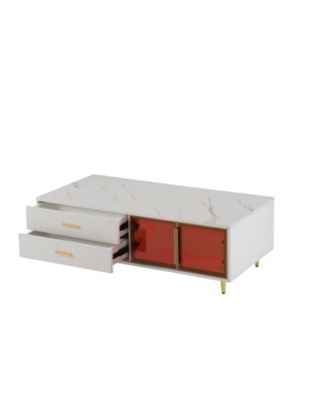 White Coffee Table with Storage, Gold Legs, LED Lighting (47.2")