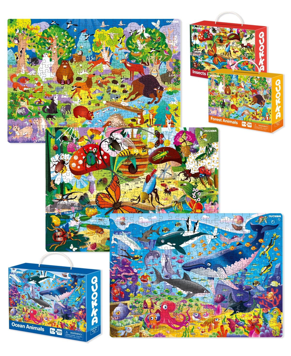 Quokka 3X Set 300-Piece Floor Jigsaw Puzzles for Kids Ages 10-12 - Unicorn - 300-pc ocean  vimel  bugs