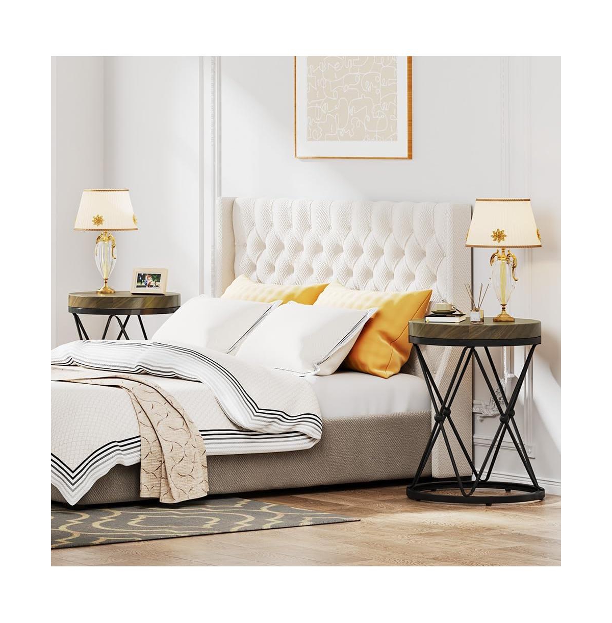 Tribesigns Round End Table, Modern Side Table Small Accent Nightstand with Metal Frame, Wooden Circle Bedside Table for Living Room Sofa Couch, Be