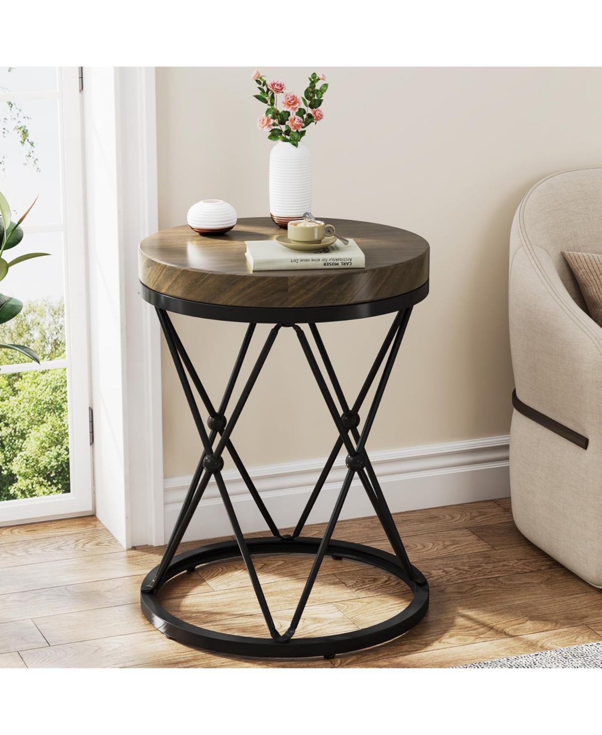 Tribesigns Round End Table, Modern Side Table Small Accent Nightstand with Metal Frame, Wooden Circle Bedside Table for Living Room Sofa Couch, Be