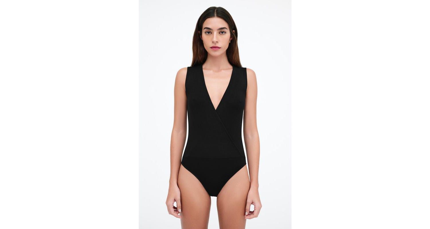 Women's Mia Sleeveless Faux-Wrap Jersey Bodysuit with Sheer Back