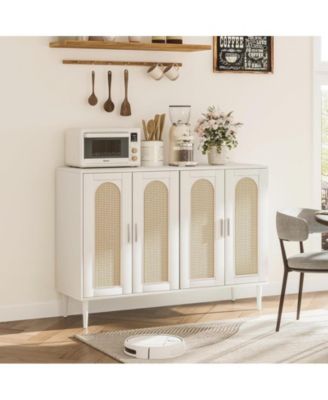 Sideboard Buffet Cabinet, 4 Rattan Doors Accent Storage Cabinet, Console Table Coffee Bar with Power Outlet, Adjustable Shelves for Dining Room, Kitchen, Hallway, Living Room, White_15 x 47.4 x 33.3 inches