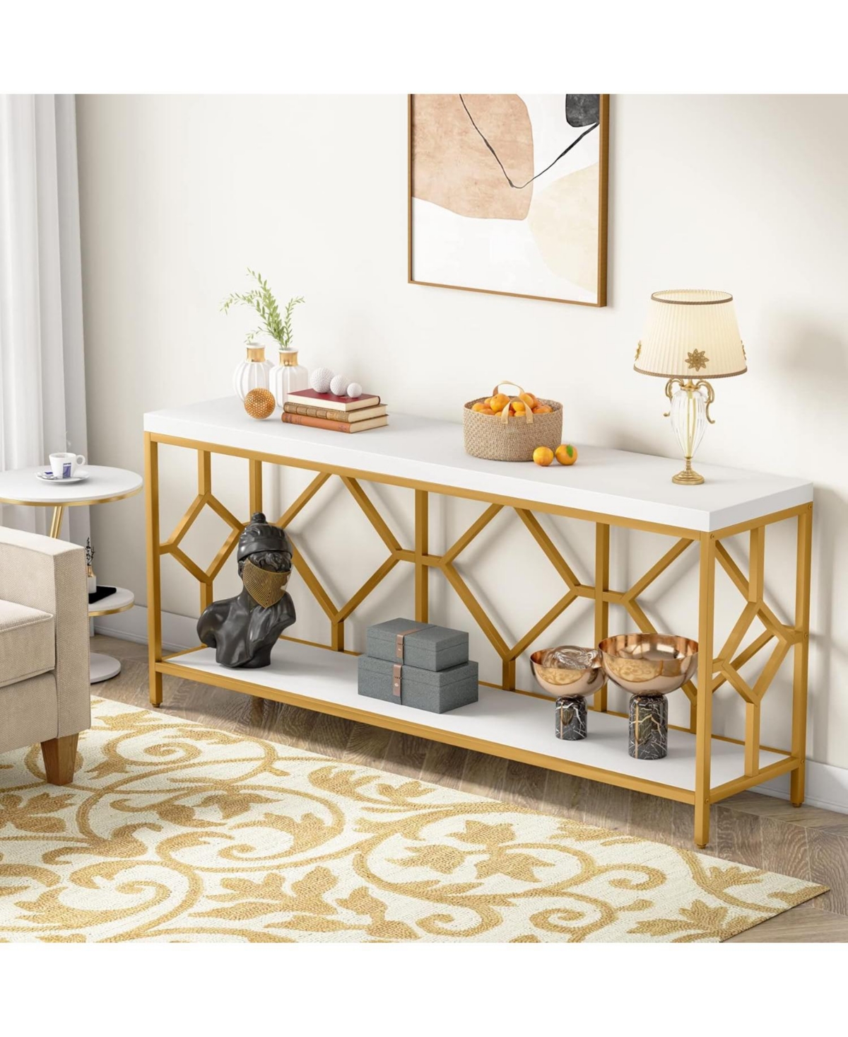 Tribesigns Extra Long Sofa Table, Narrow Long Sofa Console Tables Behind Couch Table with Open Storage Shelf - White and gold