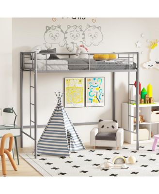 Twin Metal Loft Bed Frame w/ 2 Ladders Full-length Guardrail Space-Saving Silver