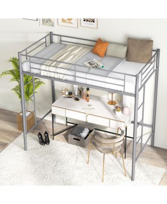 Twin Metal Loft Bed Frame w/ 2 Ladders Full-length Guardrail Space-Saving Silver