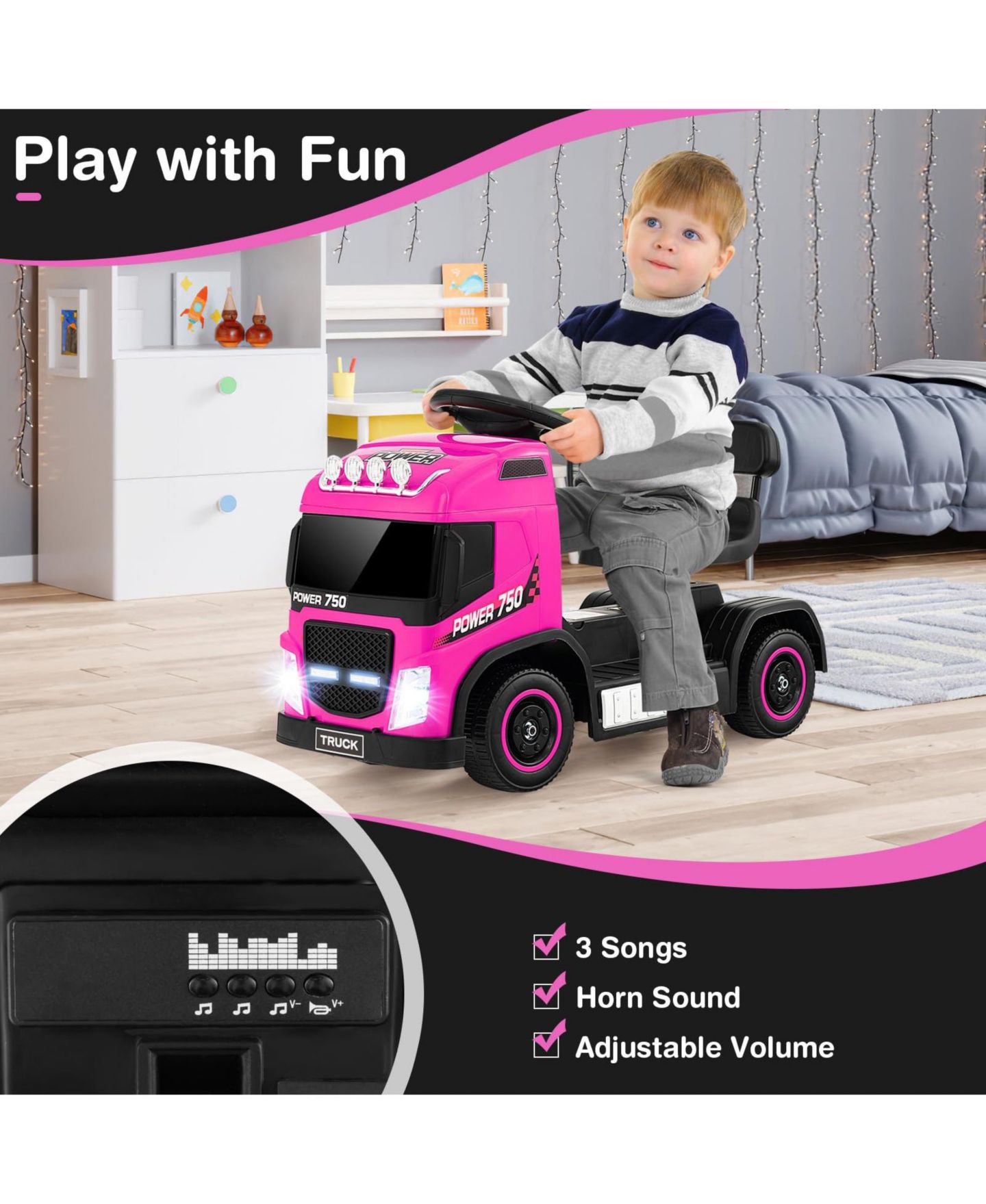 Детская игрушка VEBREDA 6V Electric Ride-On Truck with Height-Adjustable Seat & LED Lights, Ages 3+, цвет: Розовый — фото 4