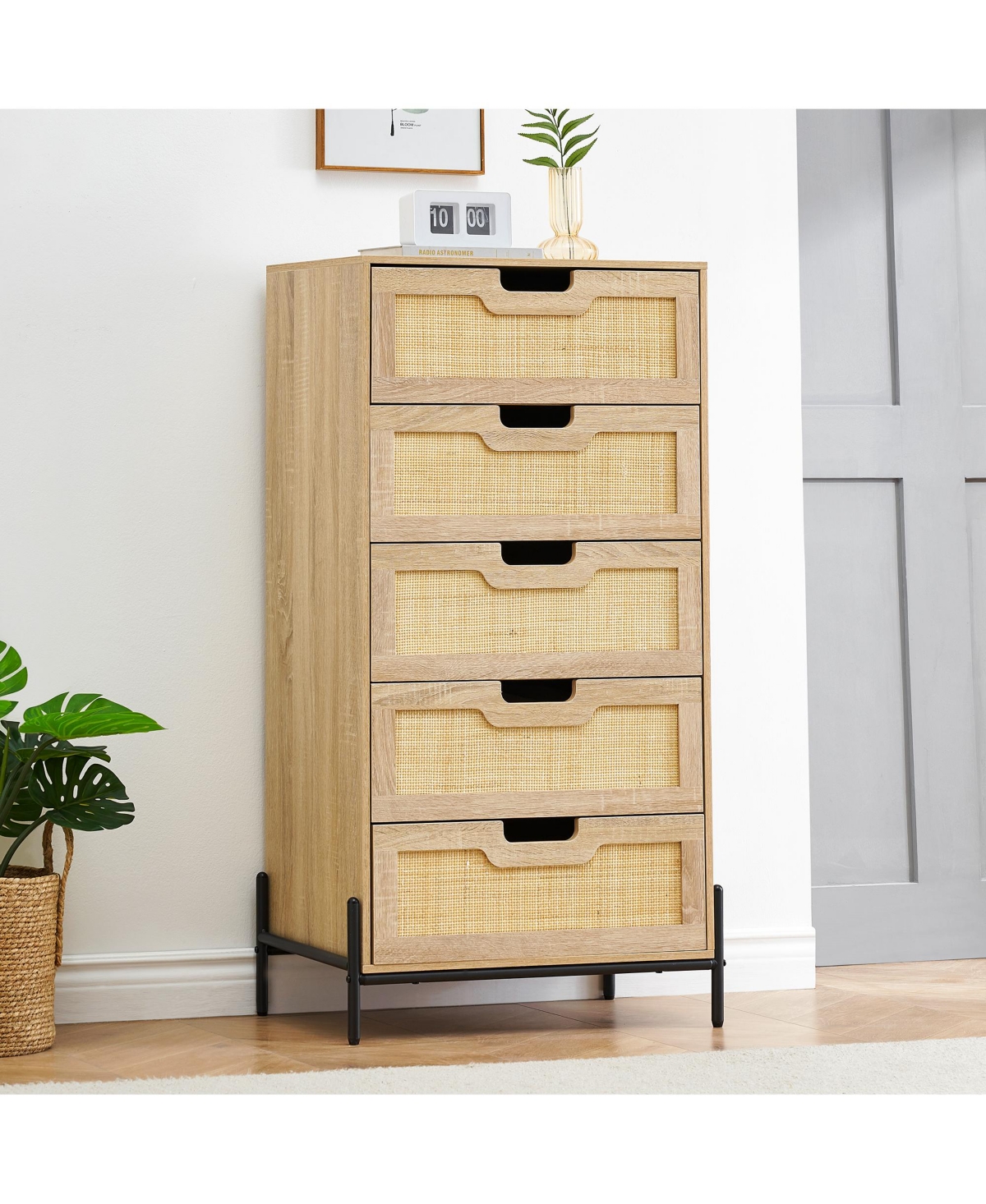 gaomon Modern Rattan 5 Drawers Dresser, Double Dresser for Bedroom, Chest of Drawers Closet Organizers and Storage Clothes for Bedroom Living Room Hal