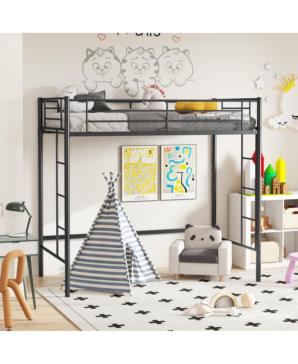 Gymax Metal Twin Loft Bed Space-saving Loft Bed Frame w/ Full-length Safety Guardrail 2 Ladders- Black
