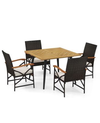 5 PCS Patio PE Wicker Dining Set Table and Chairs with Cushions 1.9" Umbrella Hole