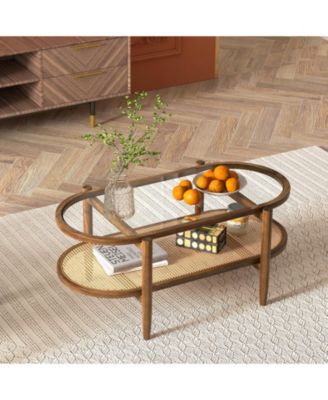 2-Tier Coffee Table with Tempered Glass Tabletop and Acacia Wood Frame