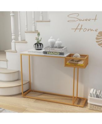 Rectangular White Faux Marble Console Table with Storage-Gold