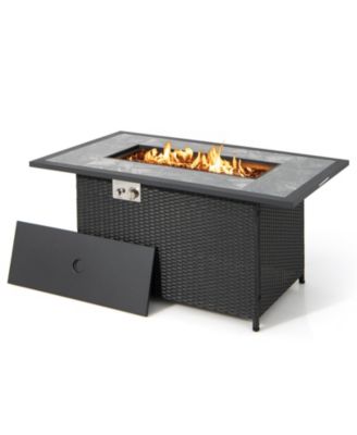 52 Inch Rattan Wicker Propane Fire Pit Table with Rain Cover and Lava Rock-Black