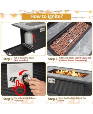 52 Inch Rattan Wicker Propane Fire Pit Table with Rain Cover and Lava Rock-Black