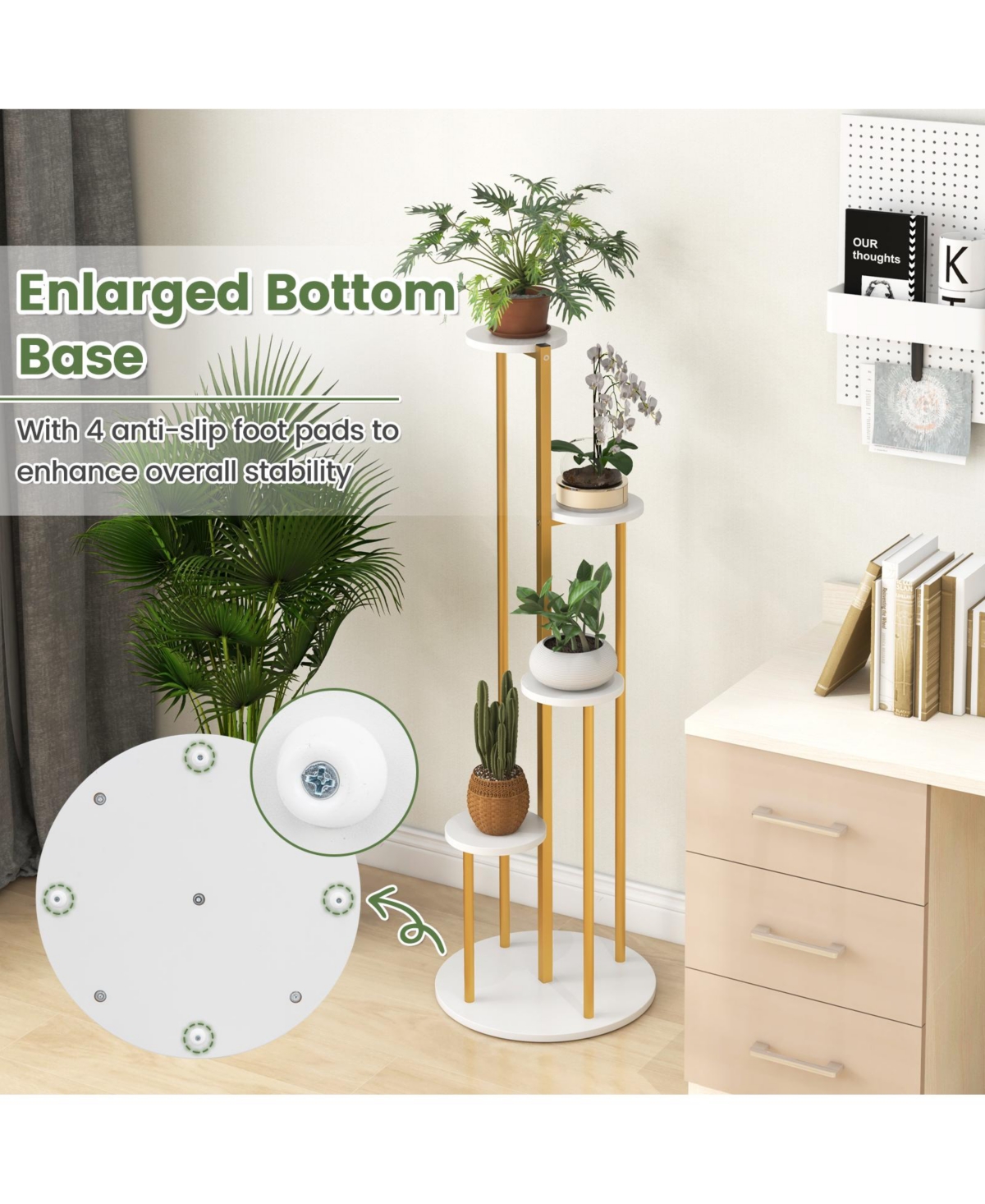 Sugift Indoor Metal Plant Stand Corner Plant Shelf for Potted Plant with Golden Metal Frame-White