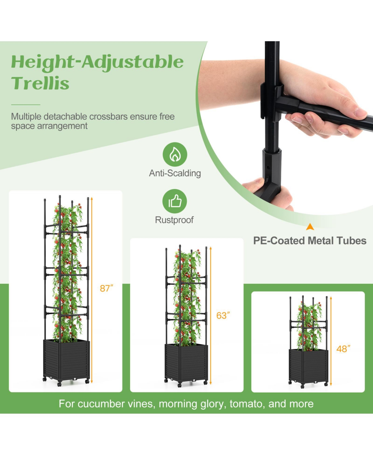 Sugift Raised Garden Bed with Obelisk Trellis and 3 Heights & Detachable Pe-Coated Metal Tubes- Black