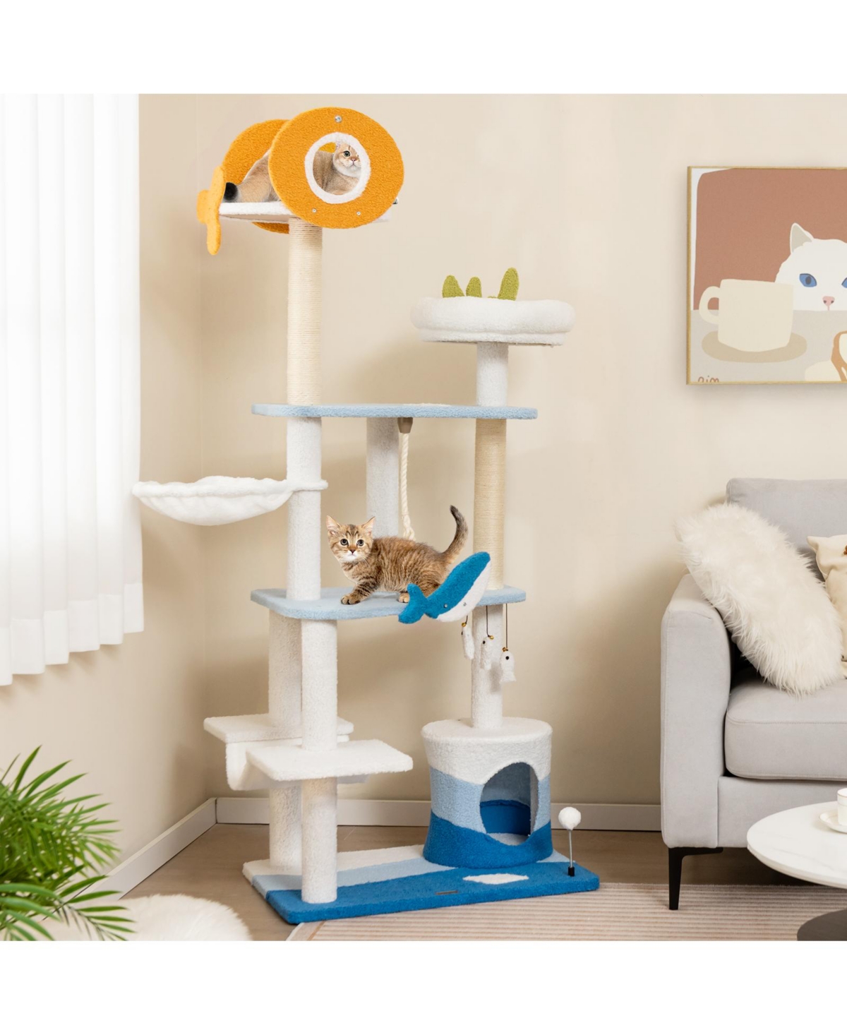 Skonyon Multi-level Ocean-themed Cat Tree Tower with Sisal Covered Scratching Posts- Blue