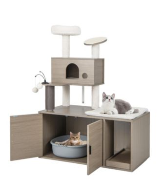 2-in-1 Modern Cat Tower with Litter Box Enclosure for Indoor Cars-Gray
