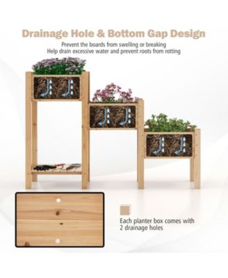 3-Tier Wooden Raised Garden Bed with Open Storage Shelf-Natural