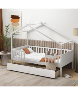 Twin House Bed with 2 Storage Drawers and Roof & Fence Rails-White