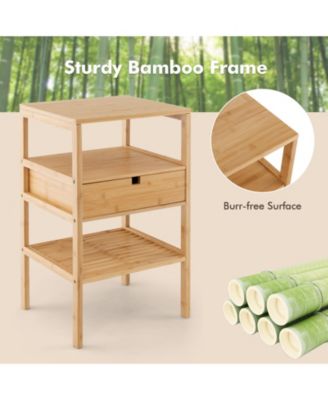 Nightstand Set of 2 Bamboo End Table with 2 Open Shelves and Drawer-Set of 2