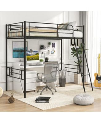Twin Metal Loft Bed Frame with Ladder and Metal Slats Support-Black