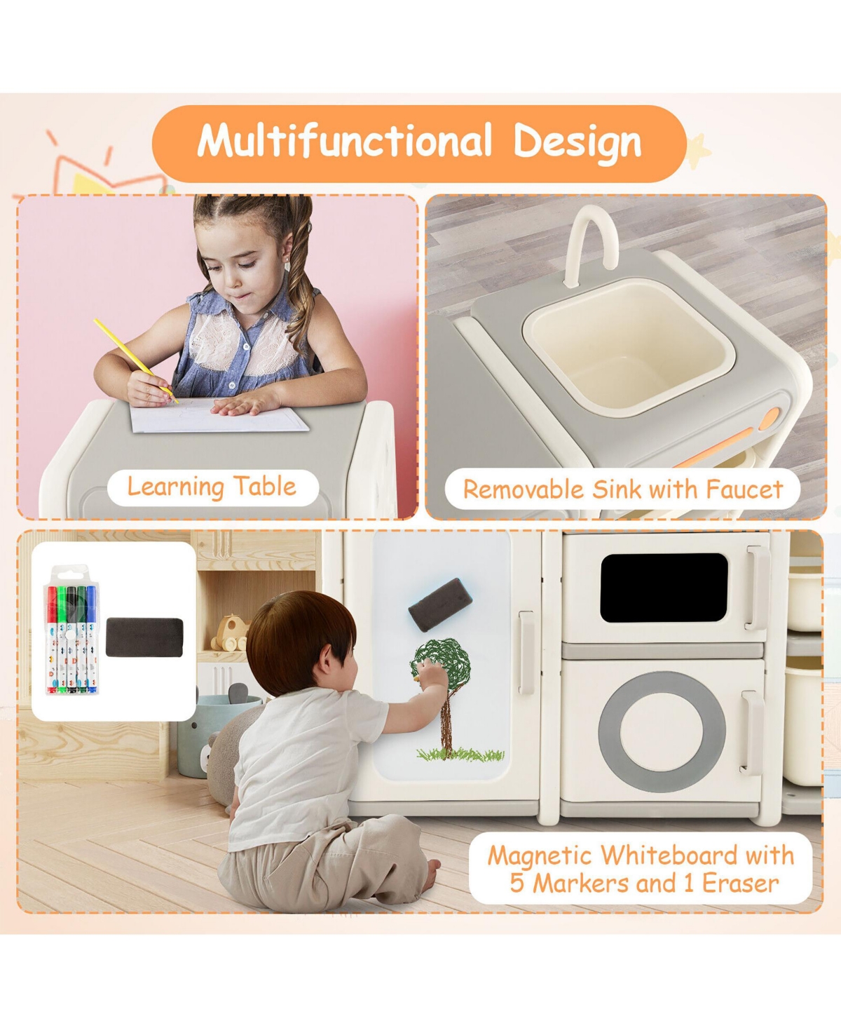 Gymax Kids Toy Storage Organizer Multipurpose Bookshelf w/ Magnetic Whiteboard & Bins - Light beige+grey+white