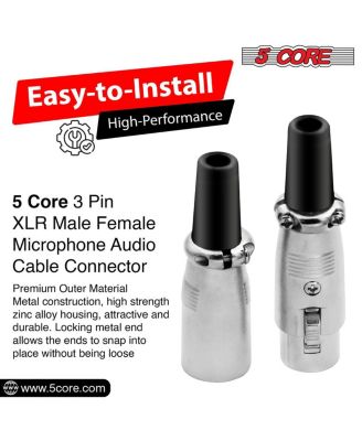 XLR Connector Male Female to 1/4 Audio Jack 3 Pin Secure Mic Plug w Locking Ends - 5 PAIR