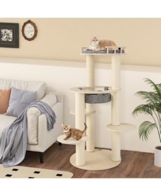 5-level Wooden Cat Tree with Padded Perch Non-woven Hammock-Gray