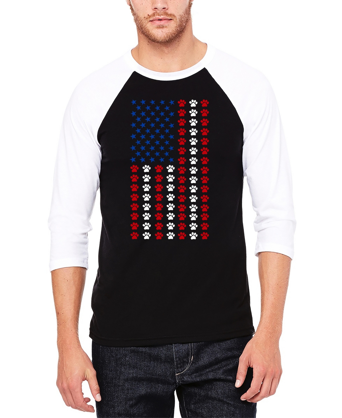 Shop La Pop Art Men's Paws Flag Raglan Baseball Word Art T-shirt In Black,white