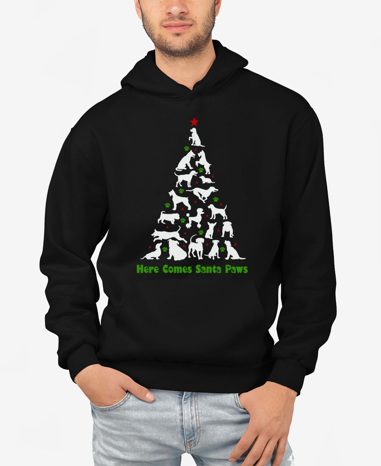Men's Here Comes Santa Paws Word Art Hooded Sweatshirt
